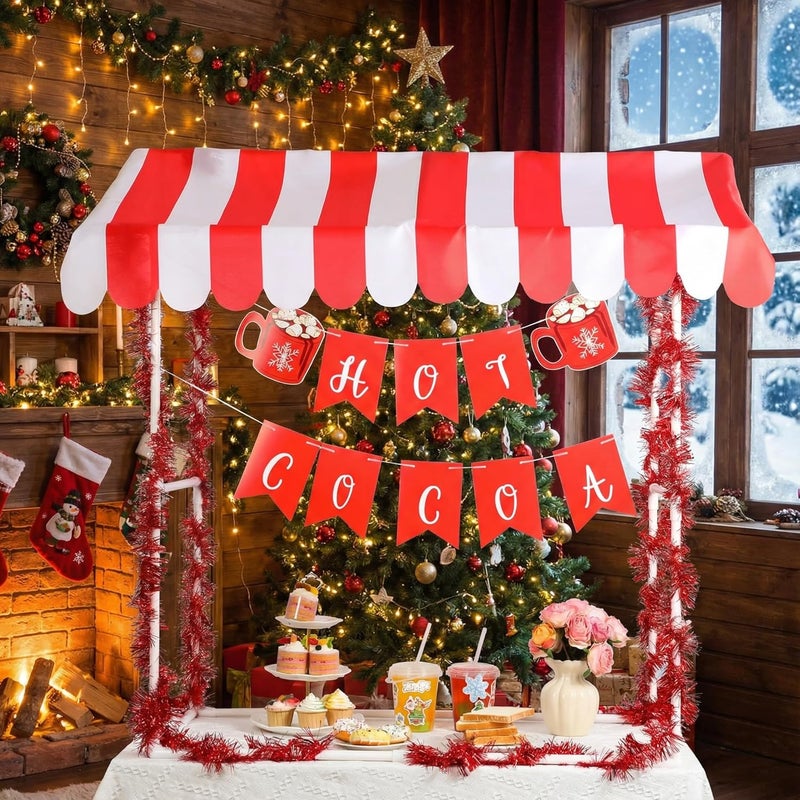 Chunm Hot Cocoa Stand Bar Kit Hot Chocolate Bar with 1 Set Cocoa Stand 1 Red White Striped Sunshade Cloth 4 Red Tinsel 2 Banner Sign for Winter Christmas Holiday Party Supplies - Image 3